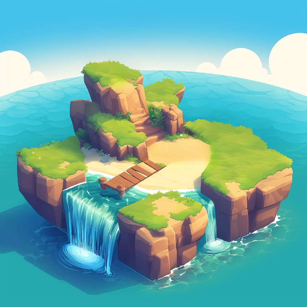 A cartoon island with a sandy beach and waterfalls