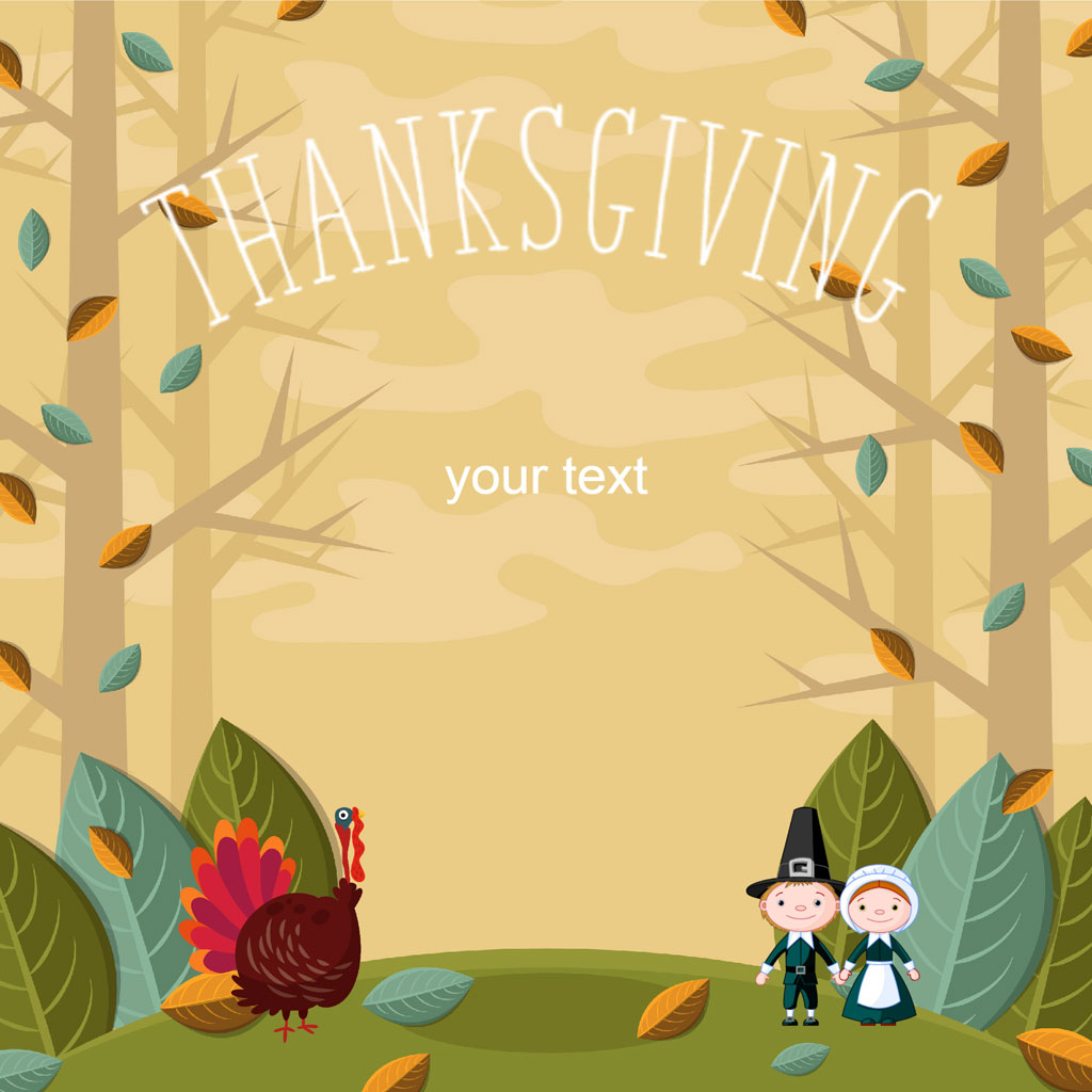 Cartoon illustration of a turkey and pilgrims in a forest