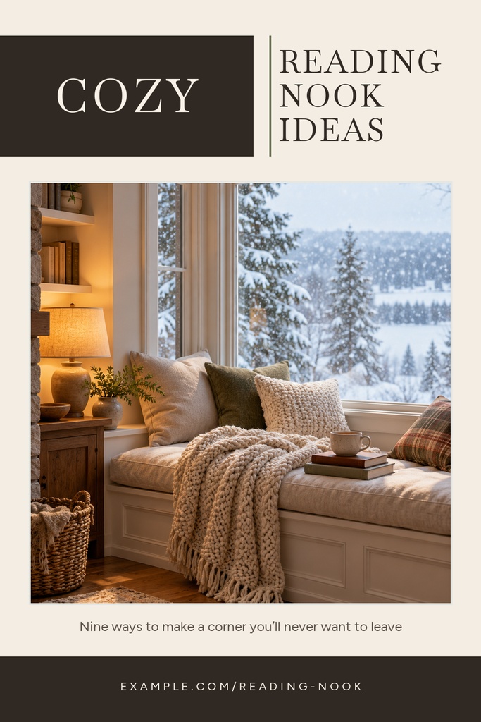 Pinterest pin template featuring a cozy reading nook with sofa, lamp, books, and snowy window view.