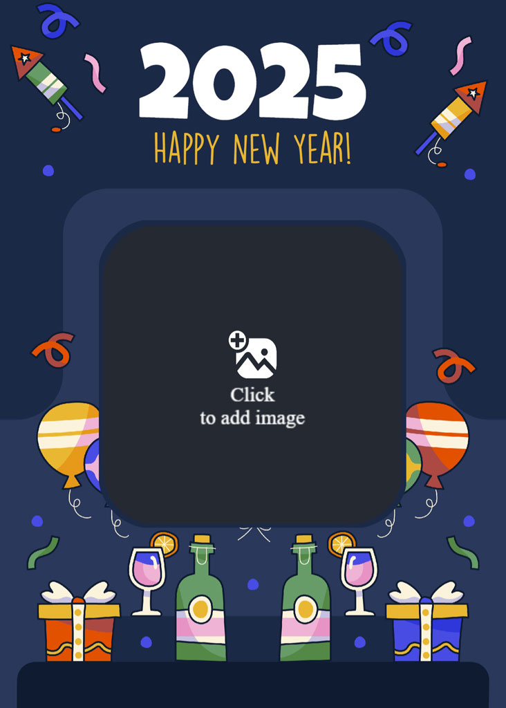 New Year's celebration graphic with balloons and champagne