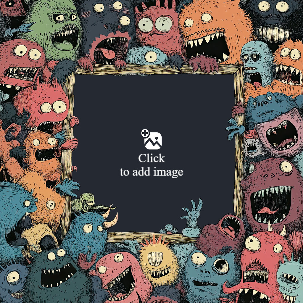 A cartoon frame surrounded by colorful monsters