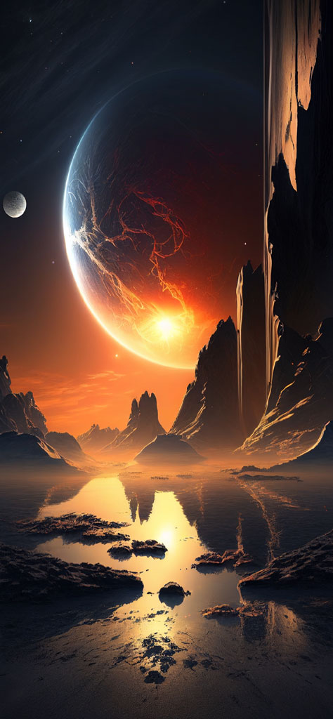 A digital artwork showing a large planet with fiery details in the sky above a rocky terrain with a body of water reflecting the celestial景象