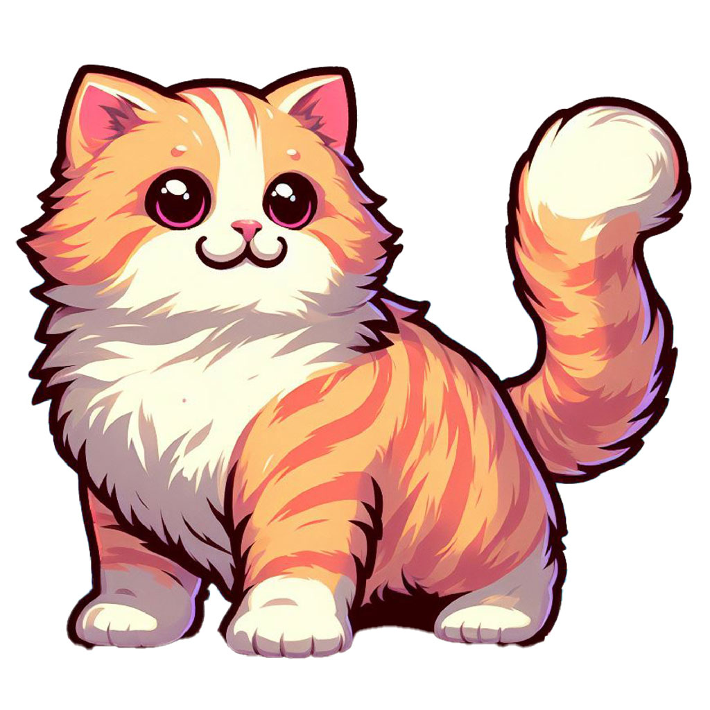 A cute cartoon orange tabby cat with green eyes and white accents