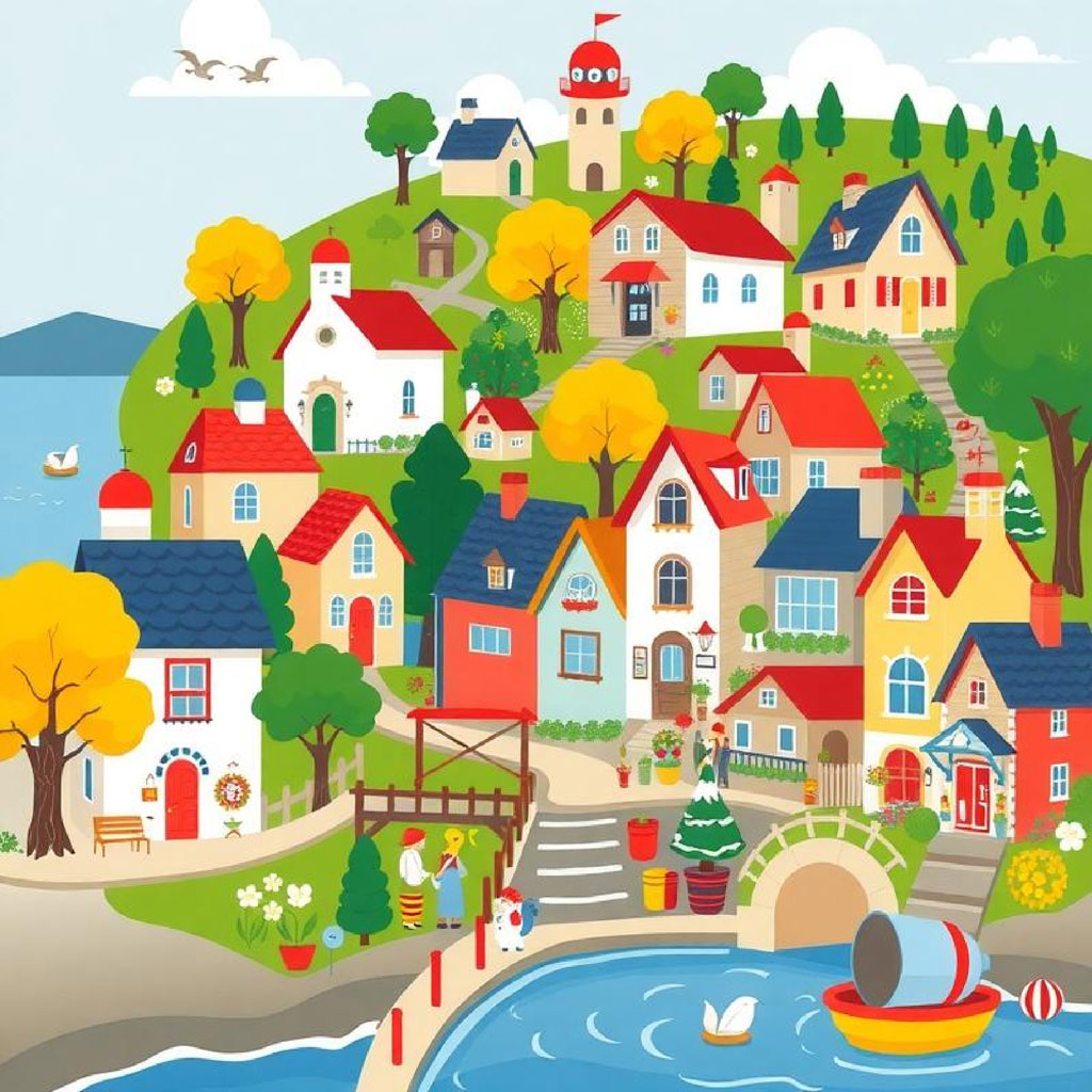 Illustration of a quaint seaside village with multicolored houses and a serene lake.