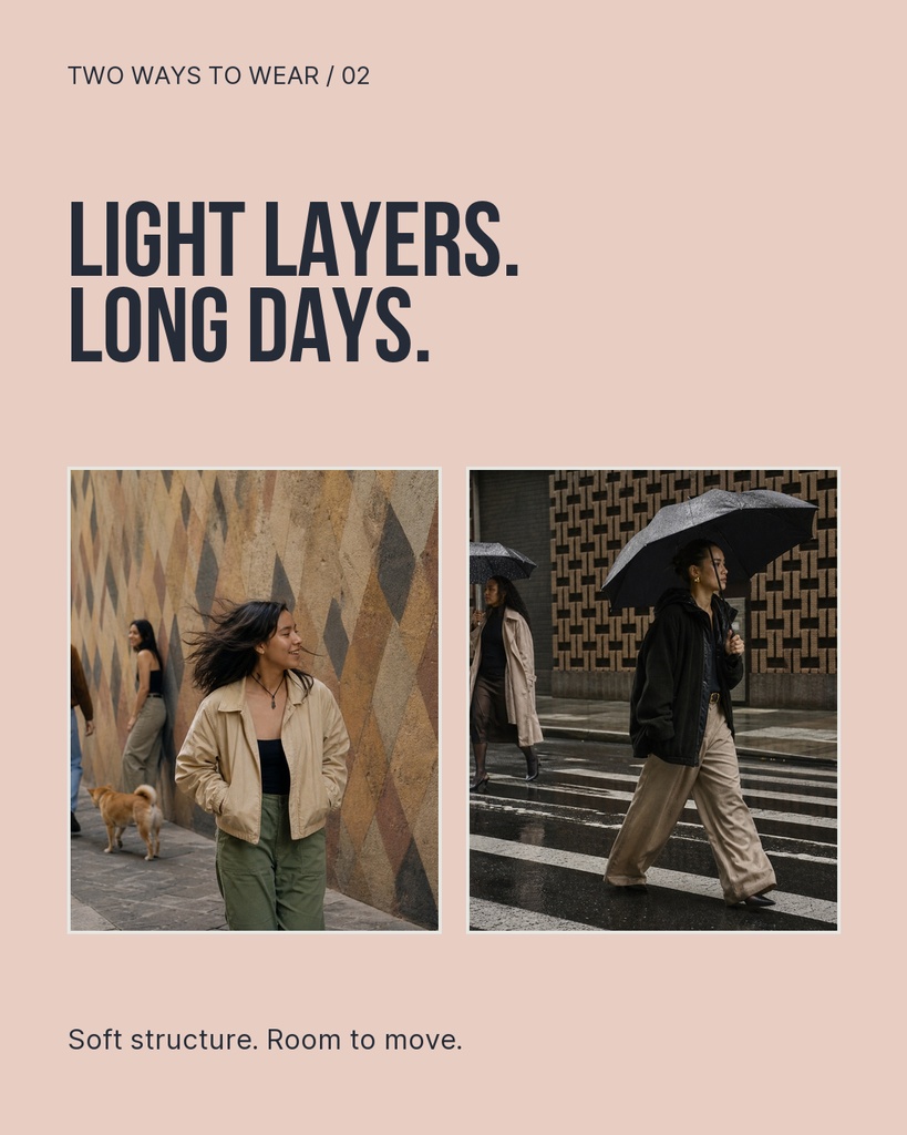 Portrait fashion carousel template with two outfit photos and the headline Light Layers. Long Days.