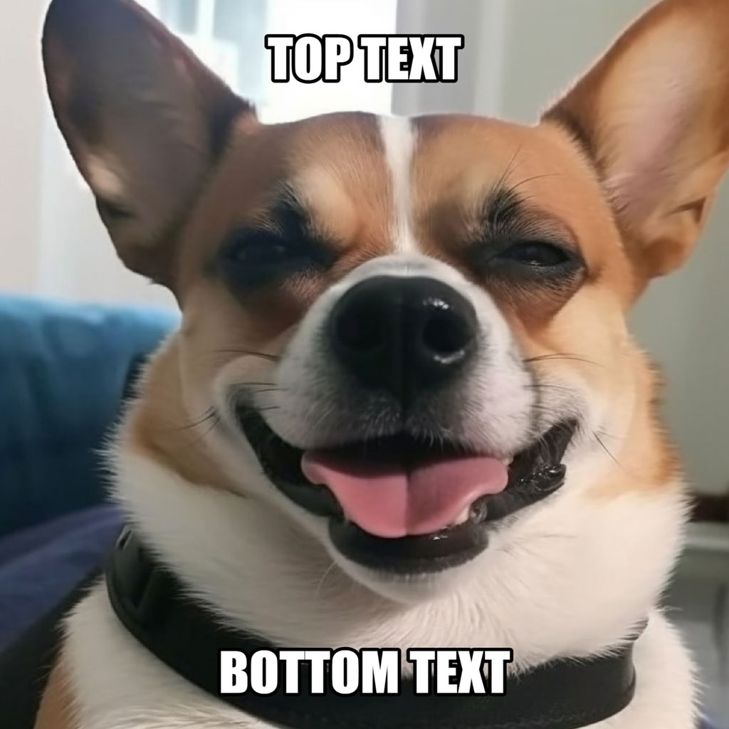 A corgi with a smiling face and tongue out, labeled 'TOP TEXT' and 'BOTTOM TEXT'