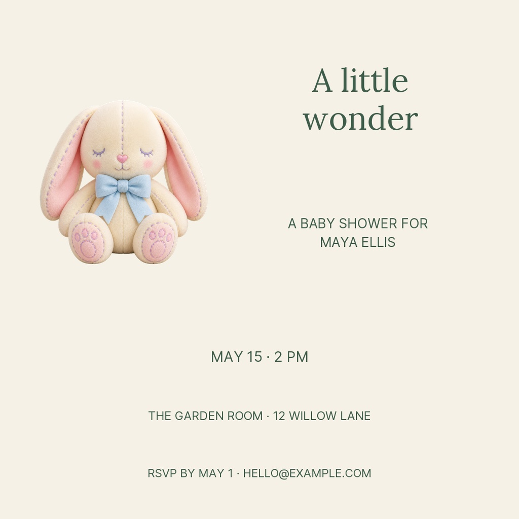 Square baby shower invitation with a plush bunny and soft neutral background.