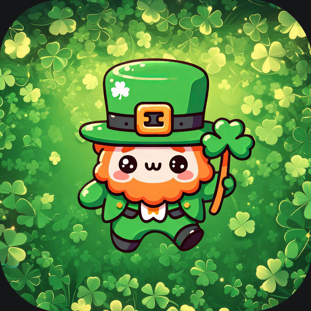 Cartoon leprechaun with orange beard and green attire holding a shamrock
