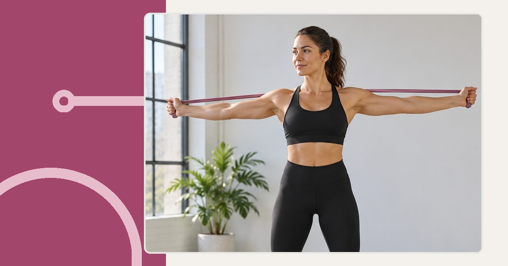 Woman in workout clothes holding a resistance band in a modern gym setting.
