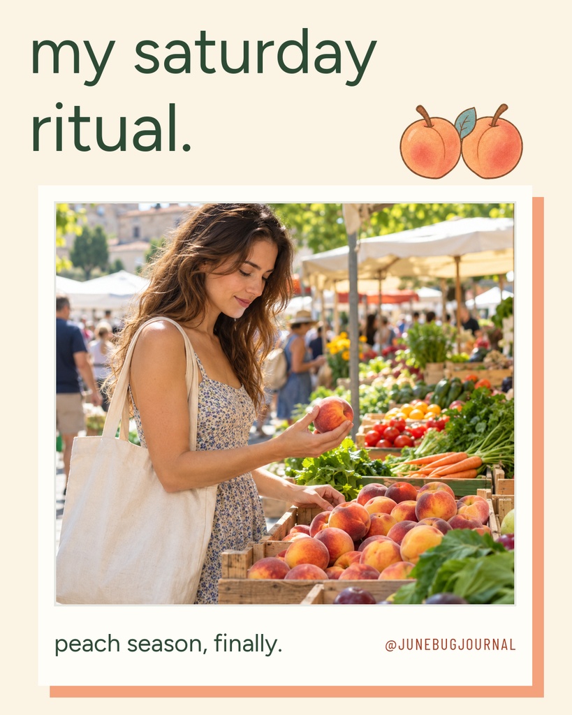 Portrait social template showing a woman picking peaches at a farmers market with text and peach illustrations.