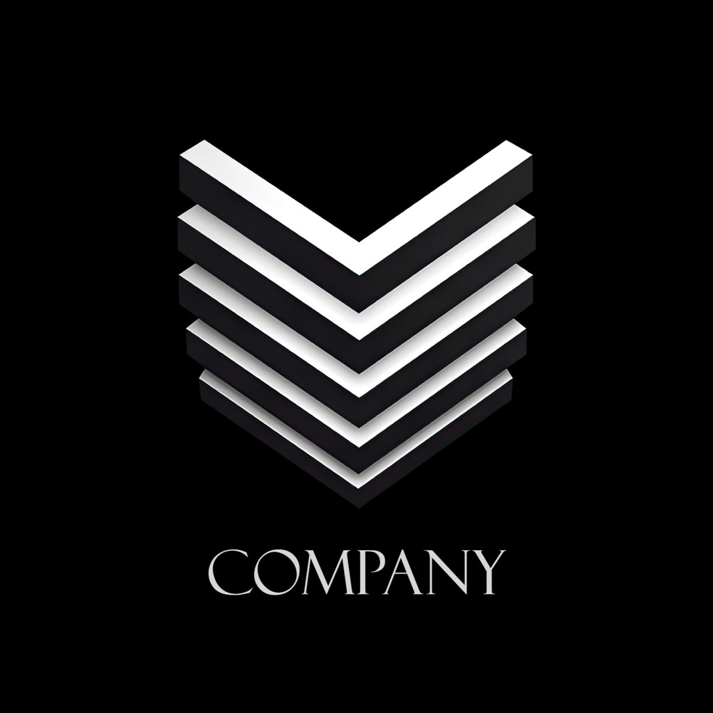 A modern company logo with layered white chevrons on a black background