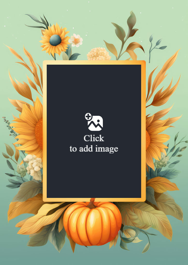 An autumn-themed frame with sunflowers and a pumpkin on a gradient background.