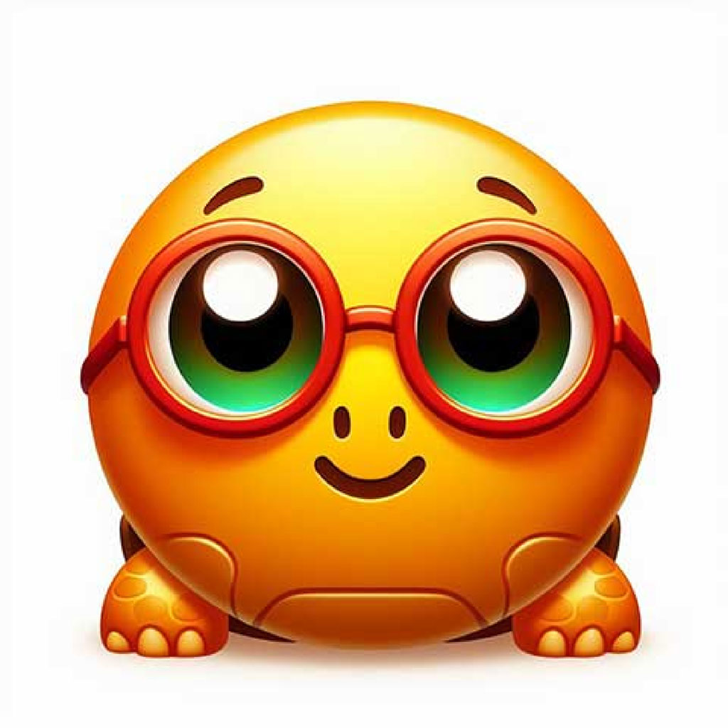 A green and orange cartoon turtle with large red eyes