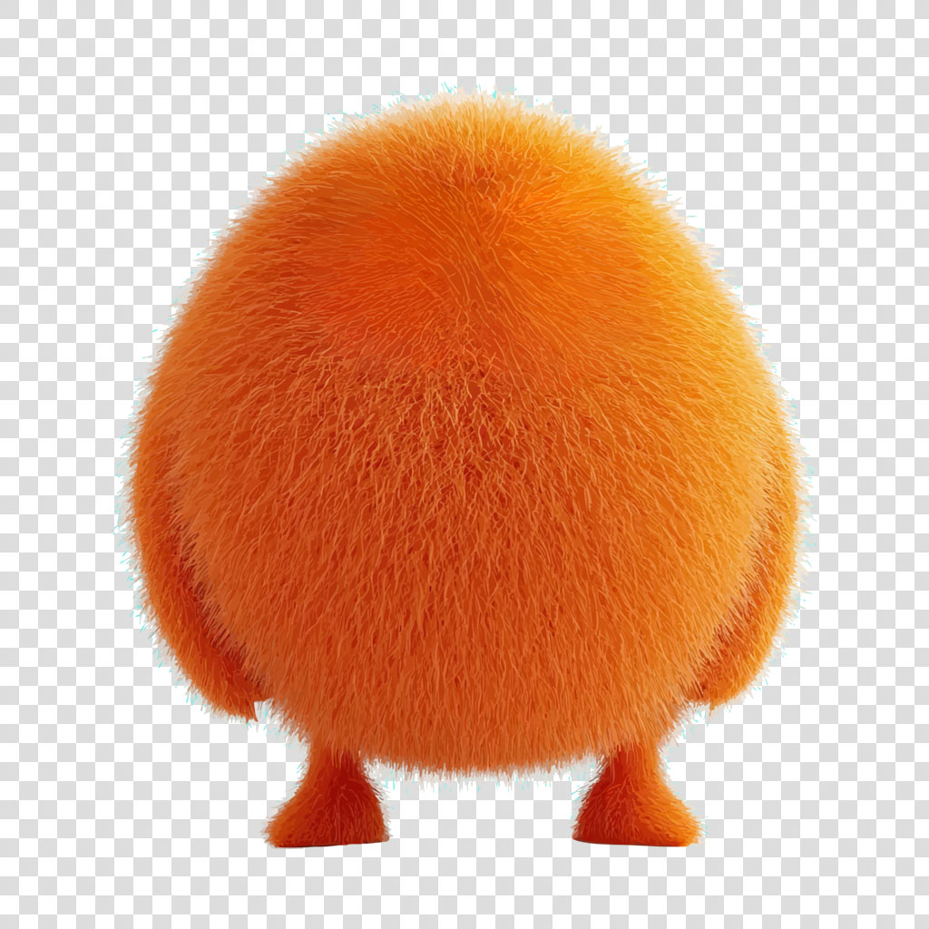 A fuzzy orange creature with two legs on a white background