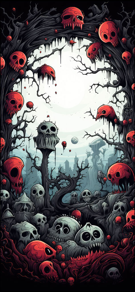 An eerie landscape with red and gray skulls amidst twisted black trees.