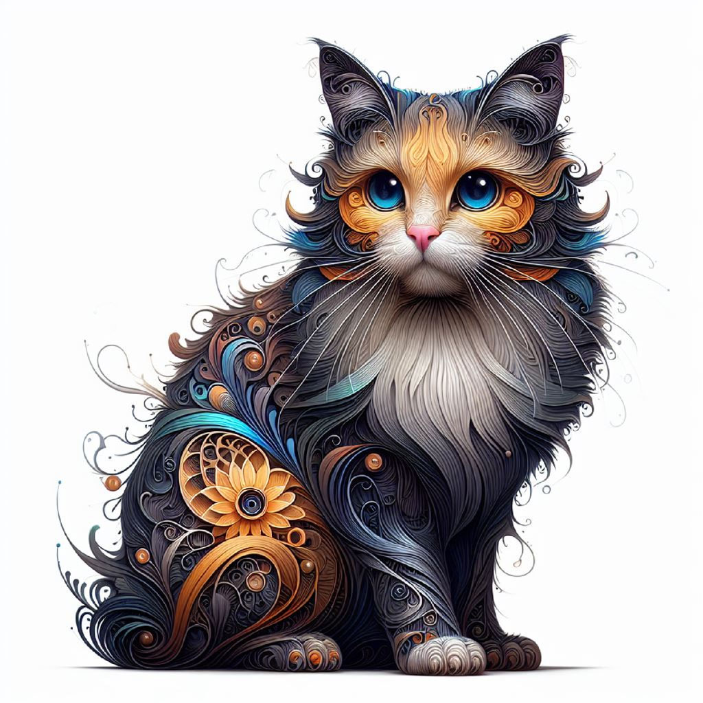 Stained glass cat artwork with blue, purple, and orange hues