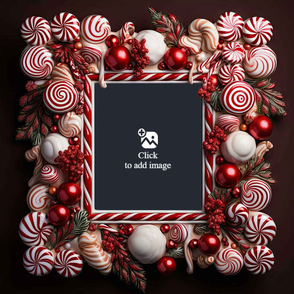 A woman in a white lace top holding a baby, surrounded by a festive Christmas frame with candy canes and ornaments.