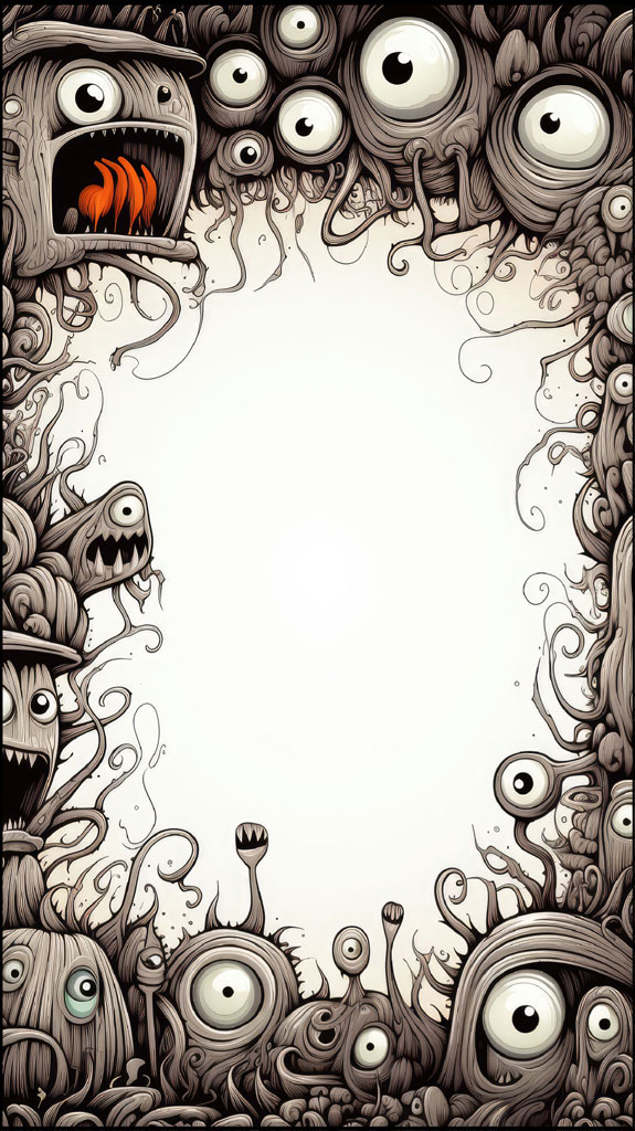 Surreal monster frame with various creatures and multiple eyes