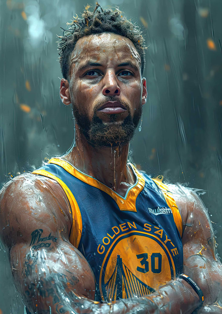 Stephen Curry in a blue and gold Golden State Warriors jersey, standing in the rain