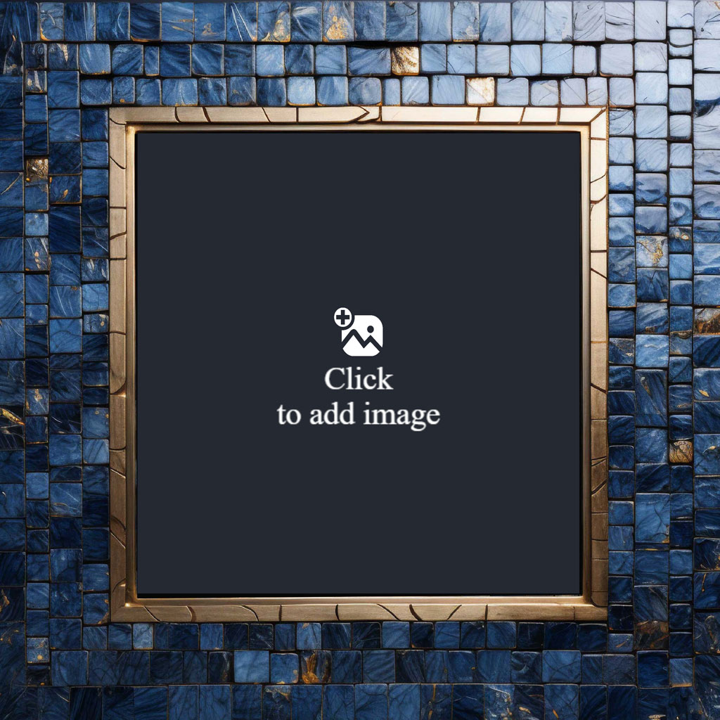 Gold-framed black screen on a blue marble mosaic background