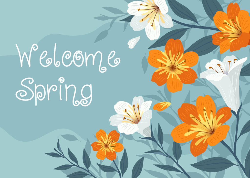 Illustration of orange and white flowers with green leaves on a blue background, welcoming spring.