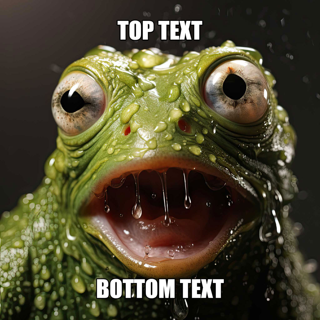 A close-up of a green frog's face with a shocked expression and water droplets on its skin.