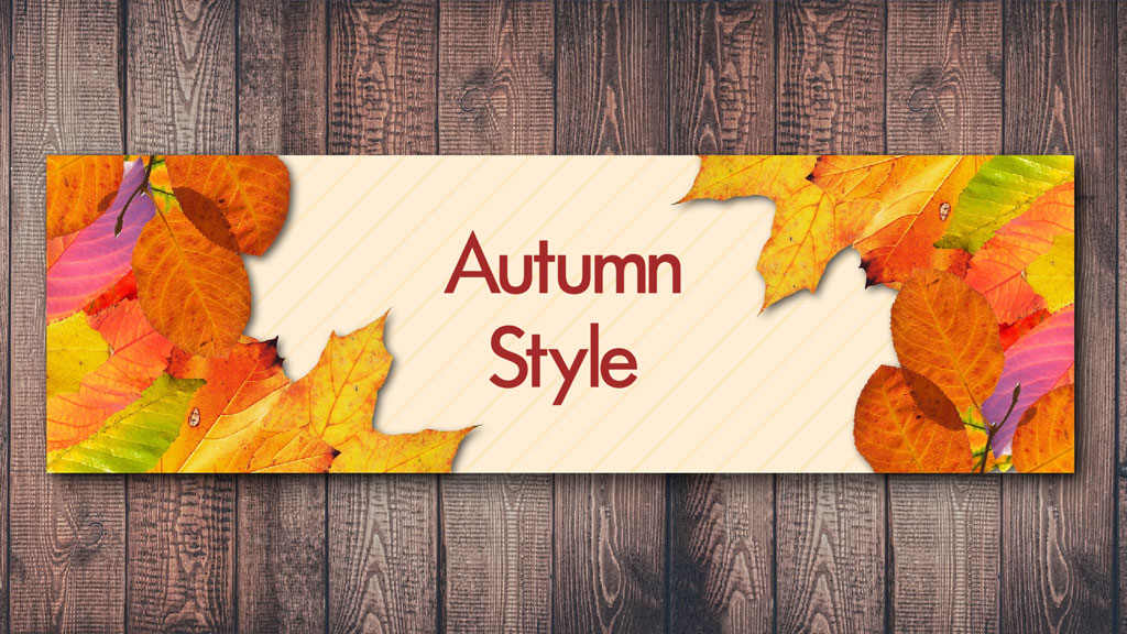 Autumn Style banner with colorful leaves on a wooden background