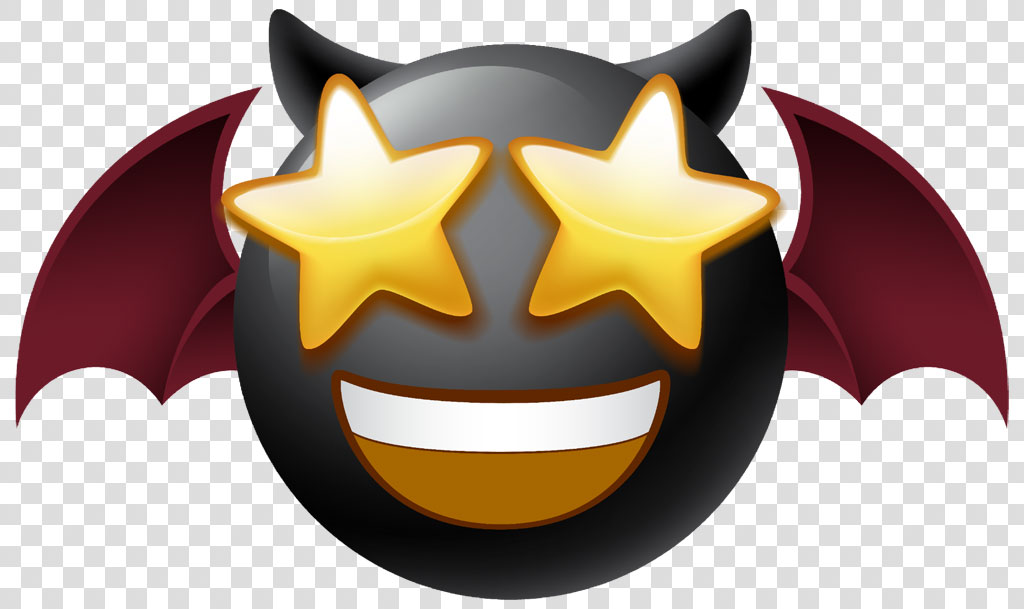 A smiling devil emoji with star-shaped eyes and red bat wings