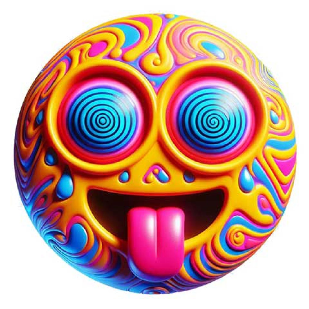 A 3D rendered smiley face with swirling patterns and a pink tongue.