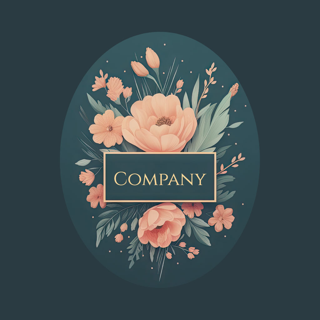 Floral company logo template with peach flowers and green leaves