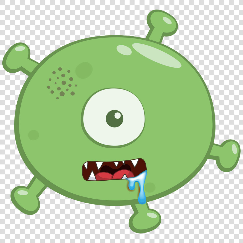 Cartoon green germ with one eye and sharp teeth