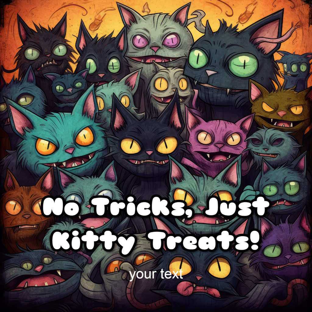 A group of cartoon cats with glowing eyes and the text 'No Tricks, Just Kitty Treats!' against an orange background.