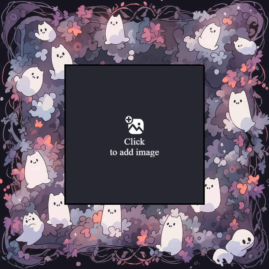 A square frame surrounded by cartoon ghosts and flowers