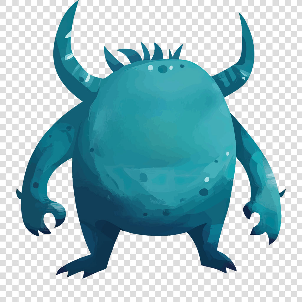 A blue monster with horns and spikes