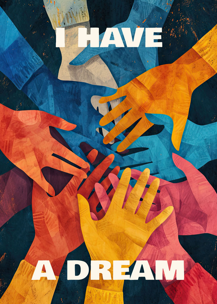 Colorful hands reaching together with 'I have a dream' text