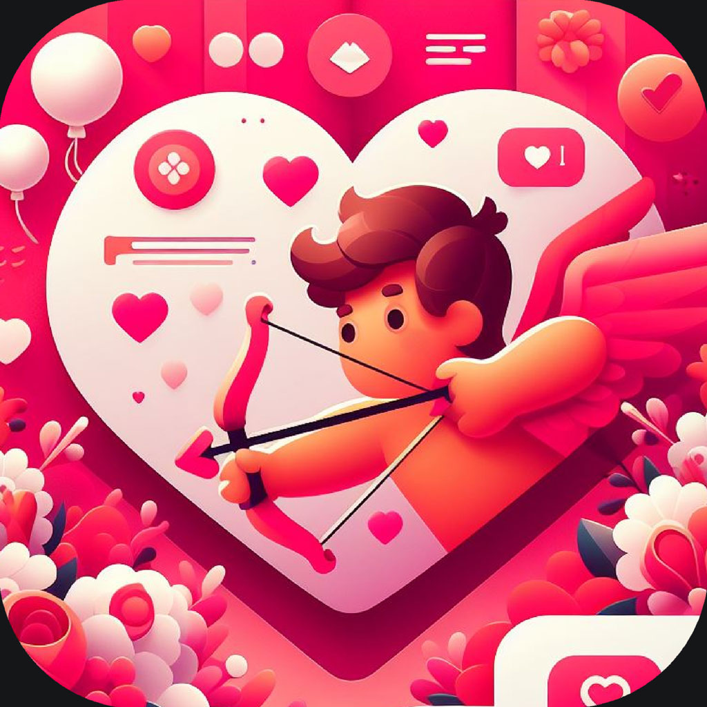 Cartoon Cupid shooting an arrow through a heart-shaped social media icon
