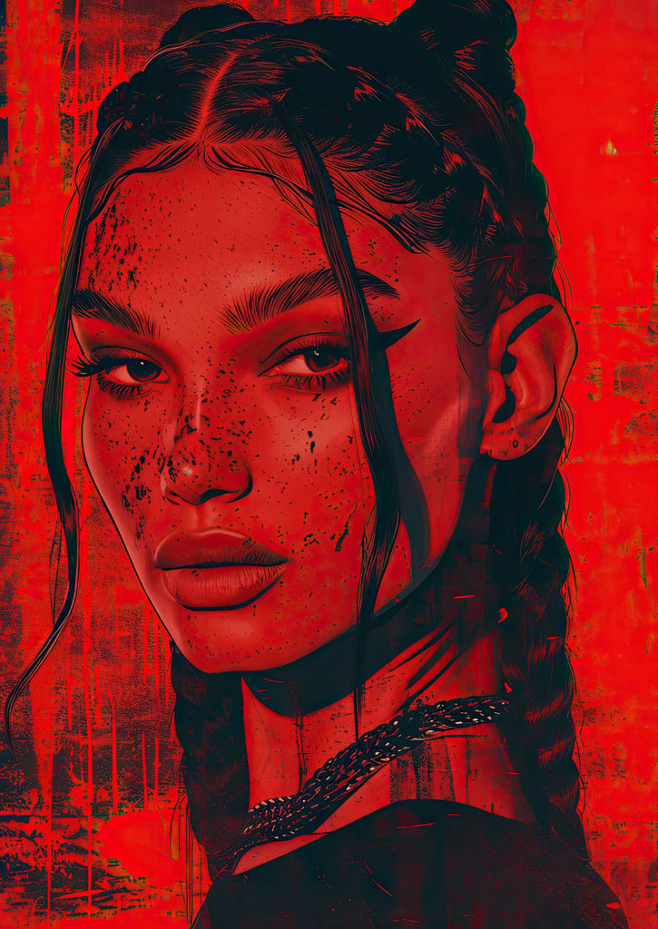 Digital illustration of a woman with braids and freckles on a red background