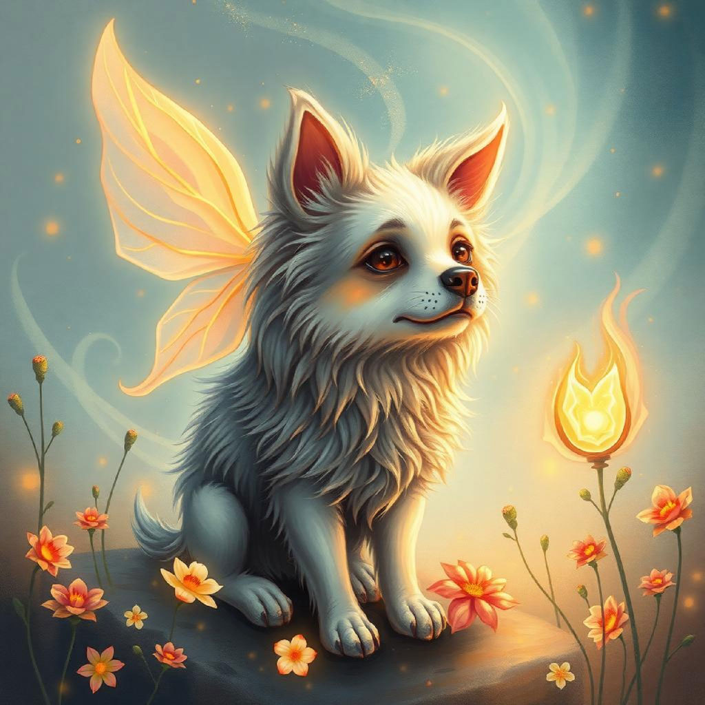 A fairy with butterfly wings and floral crown holding a glowing light amidst blooming flowers