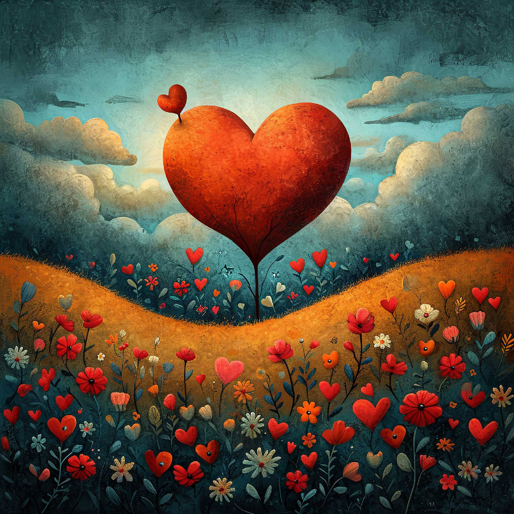 A large red heart-shaped balloon with a smaller heart attached to its tip floating above a field of variously colored heart-shaped flowers.