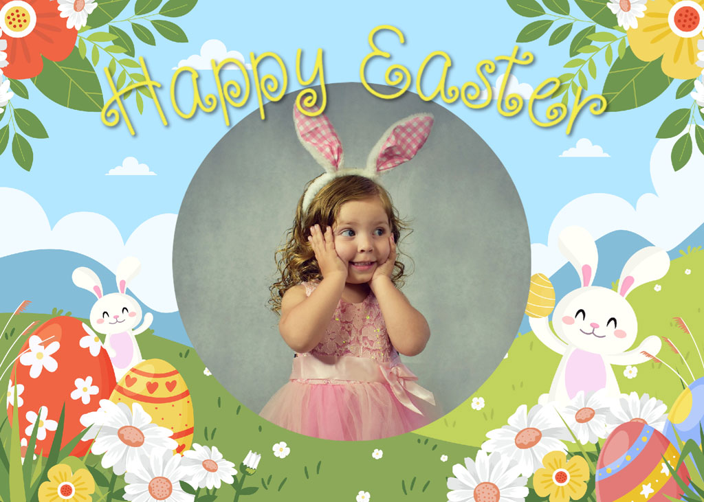 A little girl wearing bunny ears in a circular frame, surrounded by Easter elements.