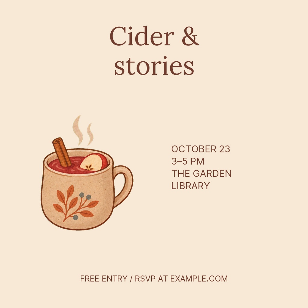 Square autumn event post with a cider mug illustration and Cider & stories text.