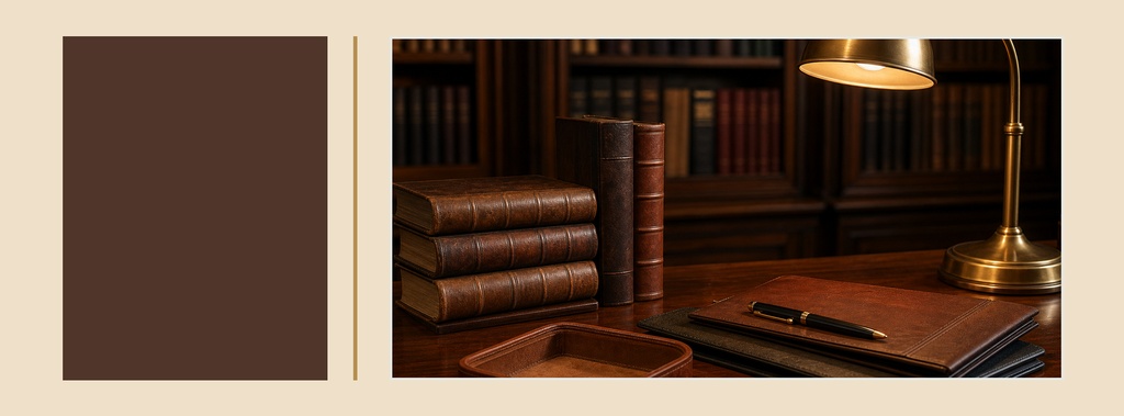 Book themed landscape cover with stacked books, desk lamp, notebook, and blank panel for text.