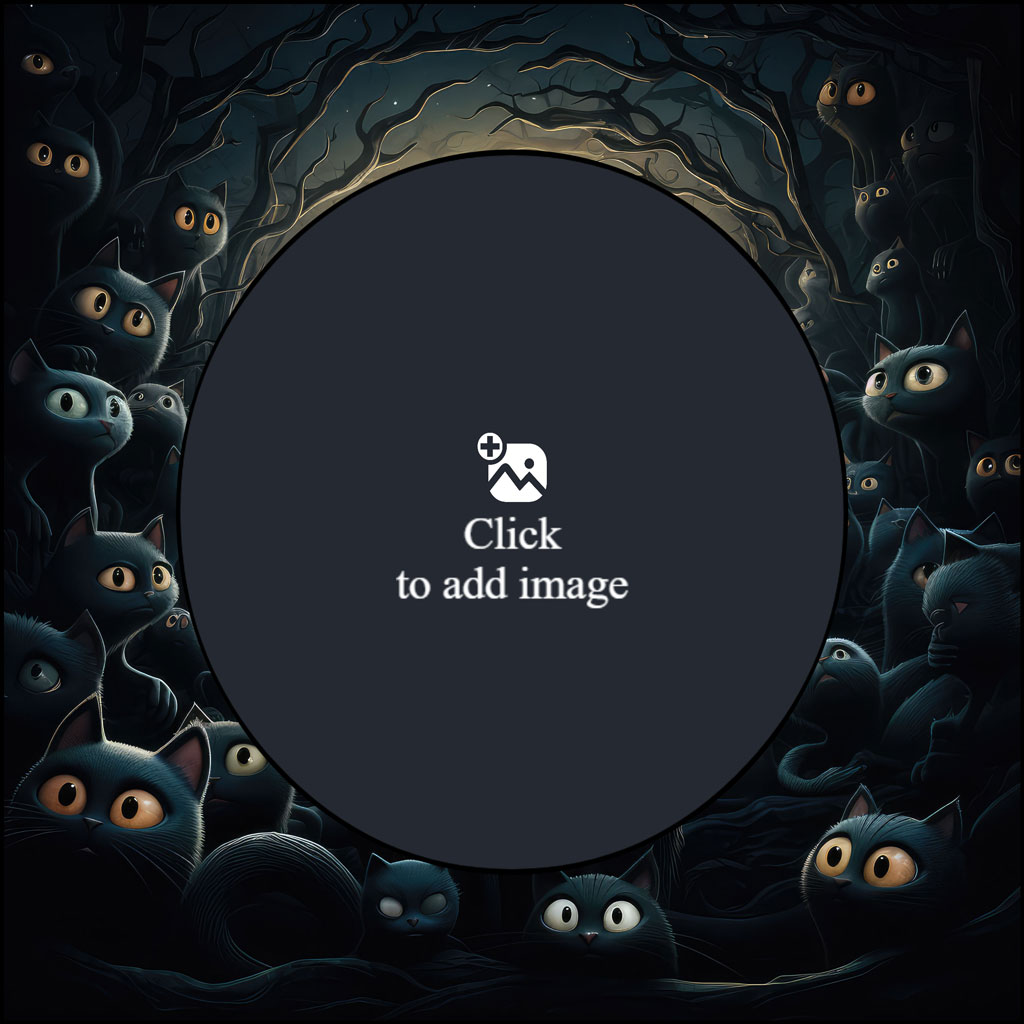 Illustration of black cats surrounding a dark circle with glowing eyes
