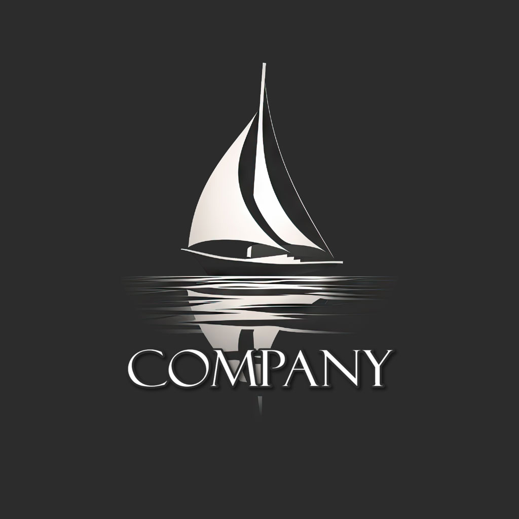 White sailboat logo on dark background
