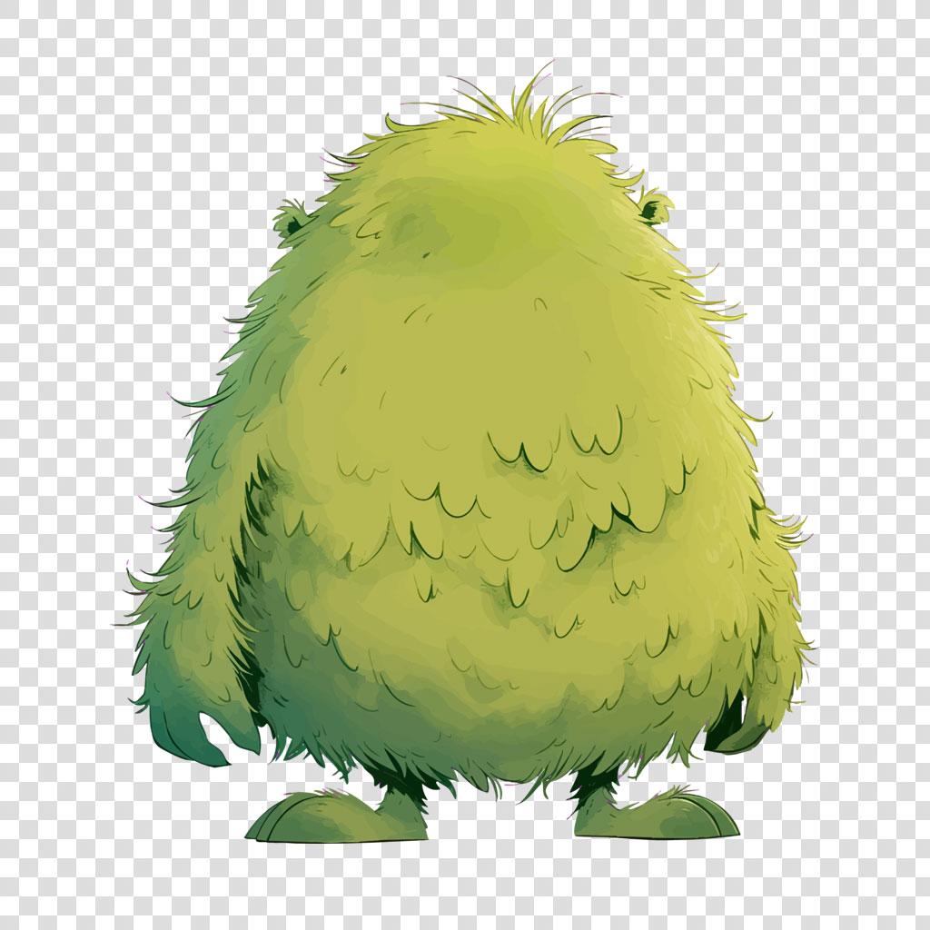 A cartoon illustration of a green, furry creature with a round body and small legs.