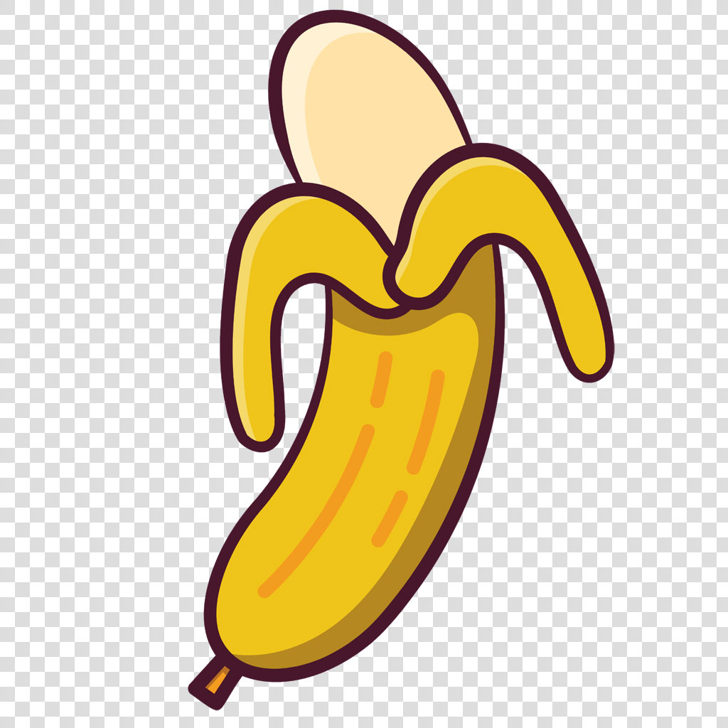 A cartoon banana with its peel partially removed.