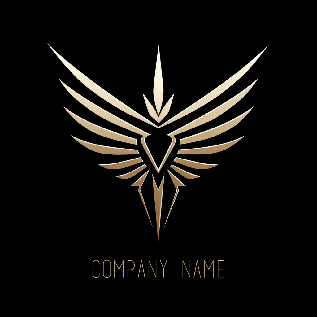 Gold winged logo on black background