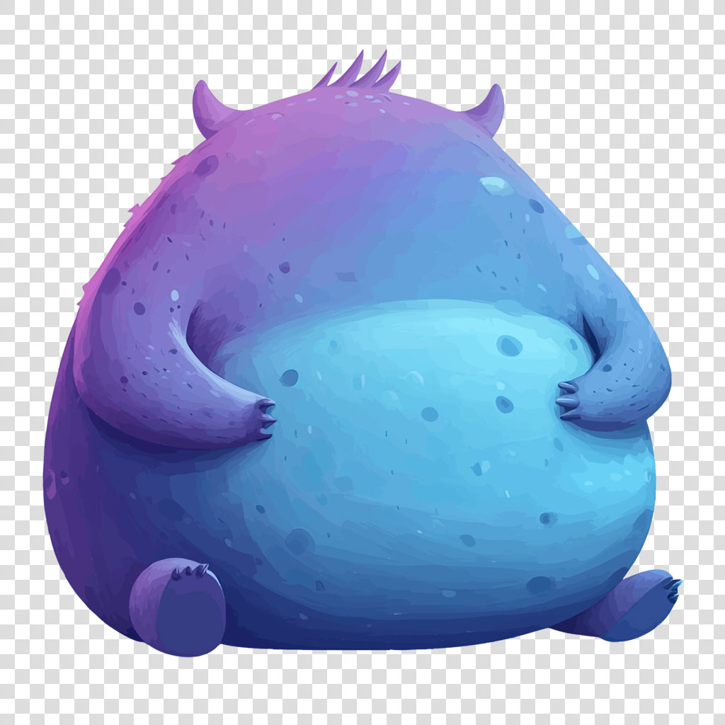 A cartoon monster with a large belly, depicted in shades of purple and blue, sitting with its hands on its stomach.