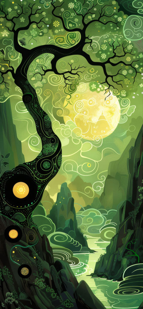 A mystical landscape with a tree and full moon