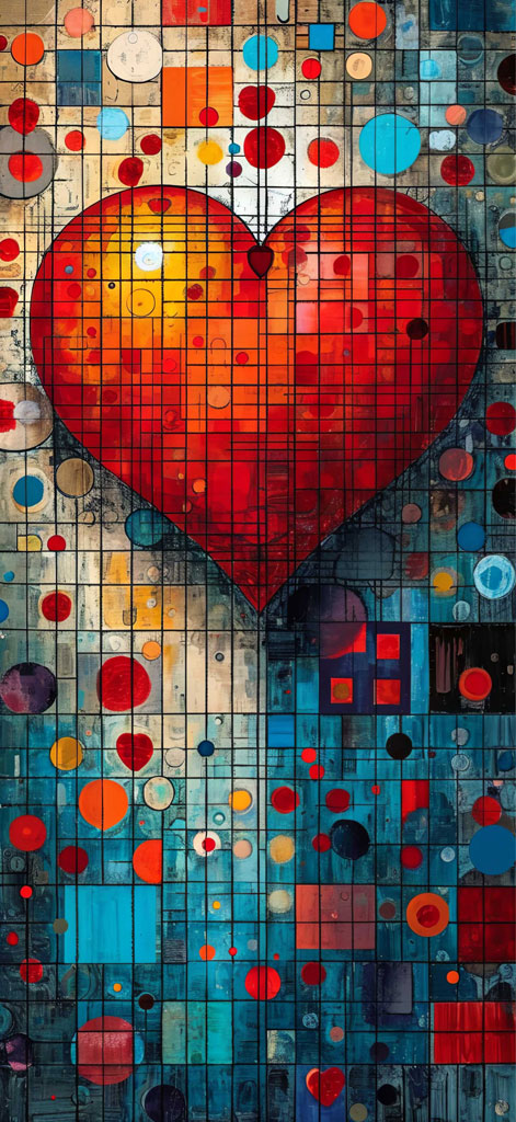 A large red heart in a mosaic artwork with various colored shapes and circles.